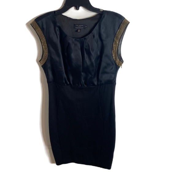Ted Baker Silk Mini Dress Gold Studded Button Back Sz 3 (6-8 US) Black - Picture 5 of 12